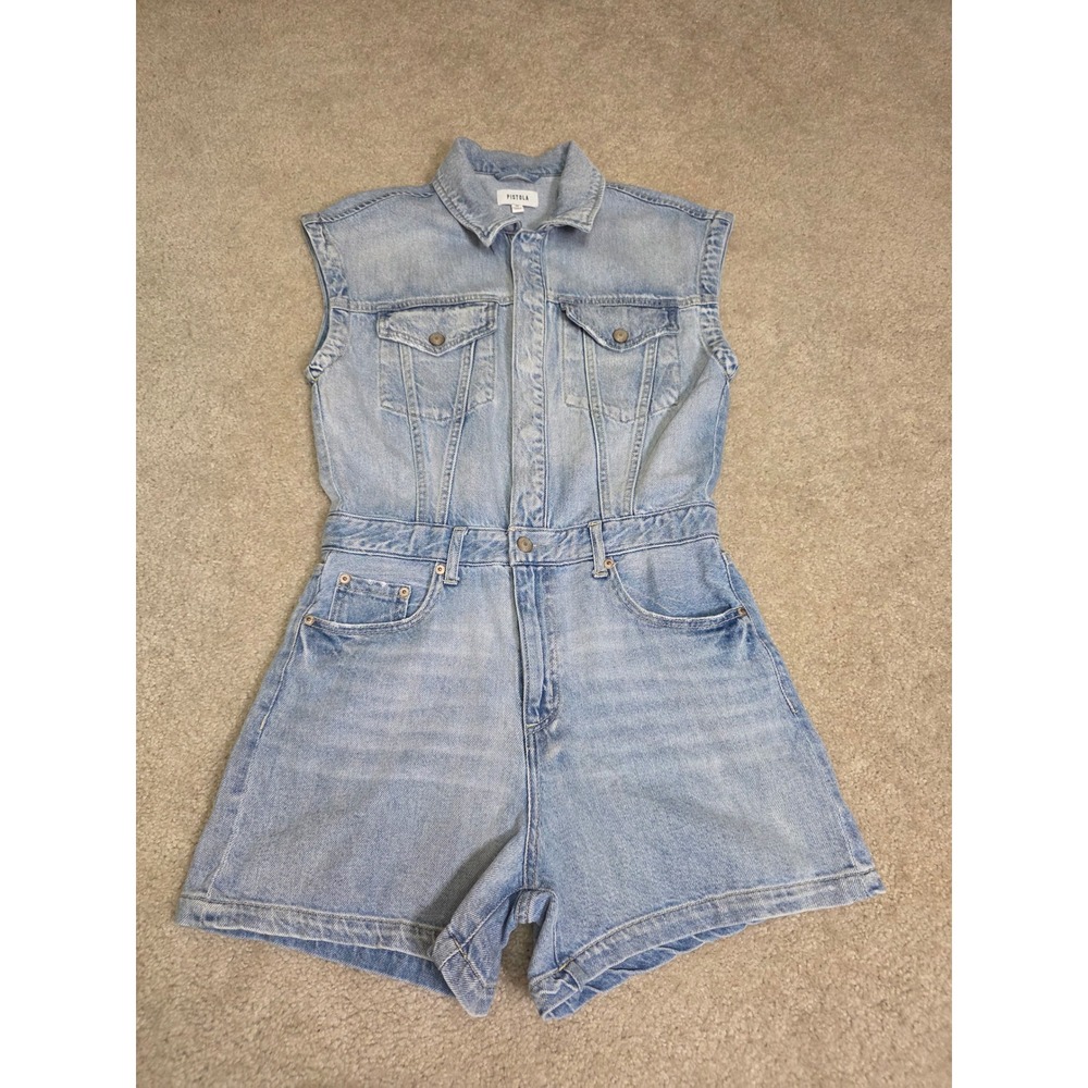 Pistola Roma Denim Romper Light Wash Blue Sleeveless Button Front Size M